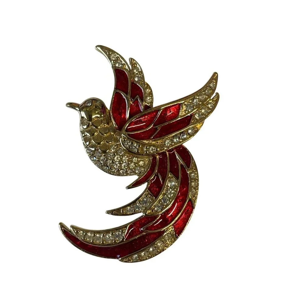 Vintage Gold-Tone & Red Enamel Bird Brooch With Rhinestone Accents By‎ Giorgio